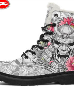 kabuto and pink flowers faux fur leather boots