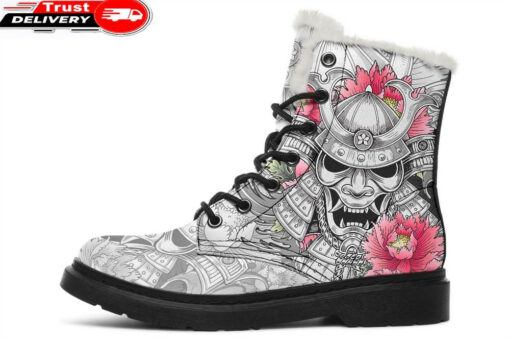 kabuto and pink flowers faux fur leather boots