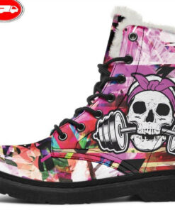 lady flower gym skull faux fur leather boots