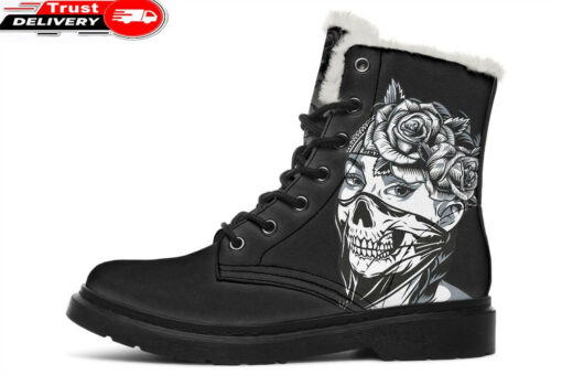 masked women drawing faux fur leather boots