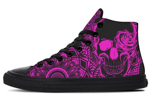 neon pink skull and rose high top canvas shoes