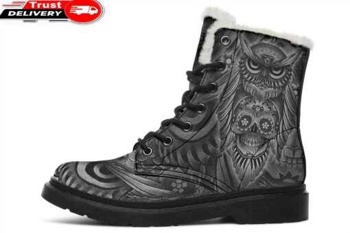 owl and candy skull faux fur leather boots