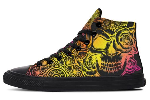 pink and yellow color fusion skull high top canvas shoes