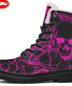 pink lightning skull faux fur leather boots