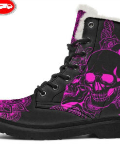 pink skull faux fur leather boots