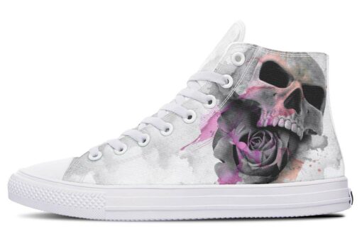 pink splash grey skull high top canvas shoes