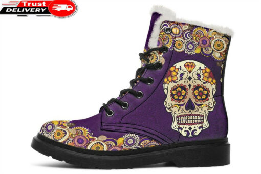 purple mandala skull faux fur leather boots