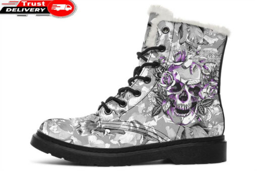 purple skull and flowers faux fur leather boots