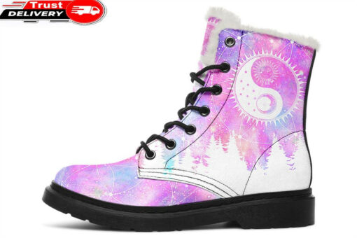 purple sun moon yin yang faux fur leather boots