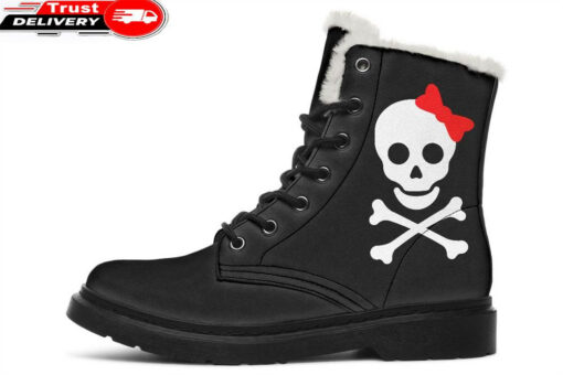 red bow skull faux fur leather boots 1