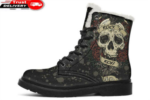 rock n roll skull faux fur leather boots 1