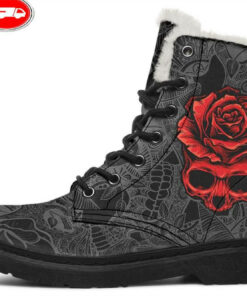 rose skull red faux fur leather boots 1