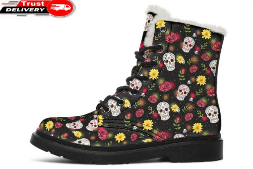 skull and daisy flowers faux fur leather boots 1