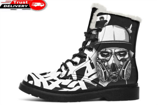 skull and gaz mask faux fur leather boots 1