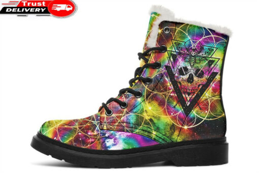 skull and magic circles faux fur leather boots 1