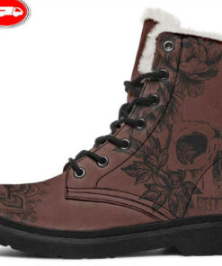 skull and mandala brown faux fur leather boots 1