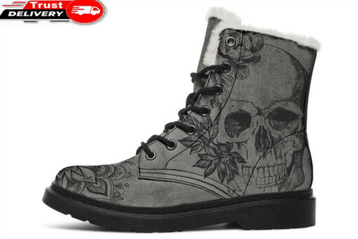 skull and mandala faux fur leather boots 1