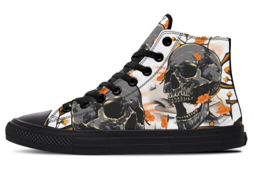 skull and orange flowers high top canvas shoes