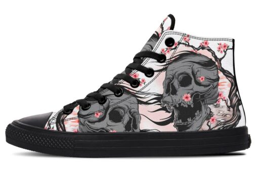 skull and pink flowers high top canvas shoes