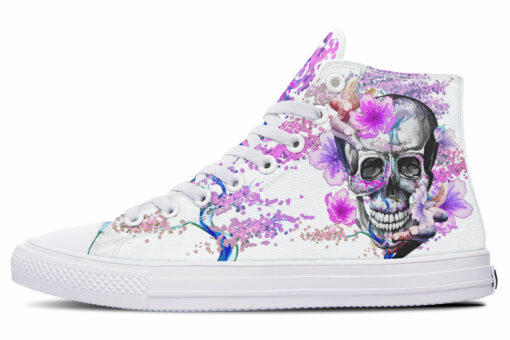 skull and purple flower painting high top canvas shoes