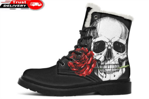 skull and rose black faux fur leather boots 1