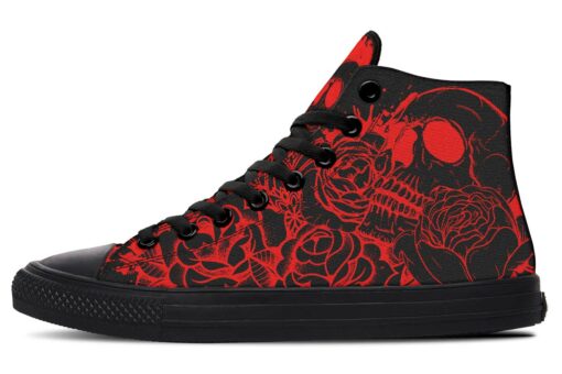 skull and roses red high top canvas shoes