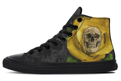 skull and yellow rose high top canvas shoes