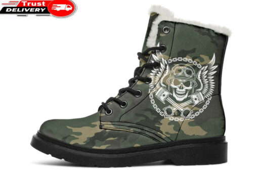 skull biker camo faux fur leather boots