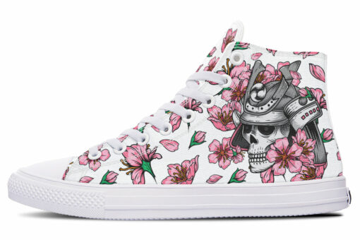 skull kabuto and pink blossom high top canvas shoes