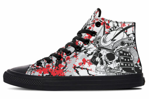 skull kabuto and red blossom high top canvas shoes