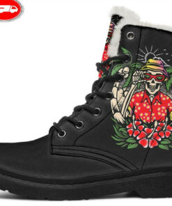 skull living the life faux fur leather boots