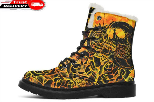 skull mandala orange faux fur leather boots