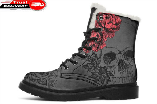 skull mandala red faux fur leather boots