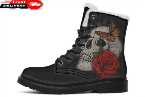 skull rose monarch faux fur leather boots