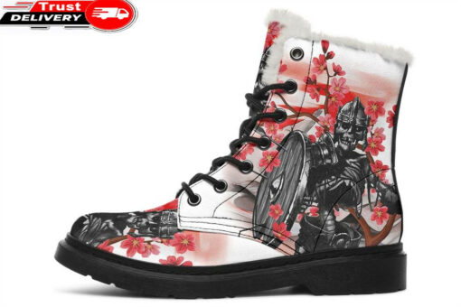skull warrior and red flowers faux fur leather boots