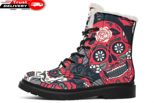 sugar skull pattern faux fur leather boots
