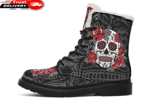 sugar skull rose art tattoo faux fur leather boots
