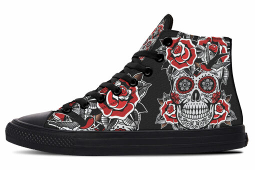 sugar skull with red roses high top canvas shoes