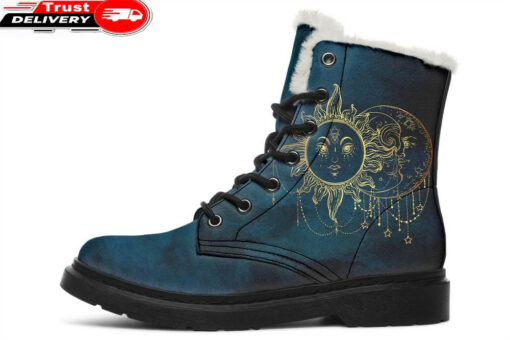 sun and moon tattoo faux fur leather boots