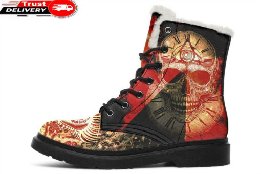 tattoo skull and clock faux fur leather boots