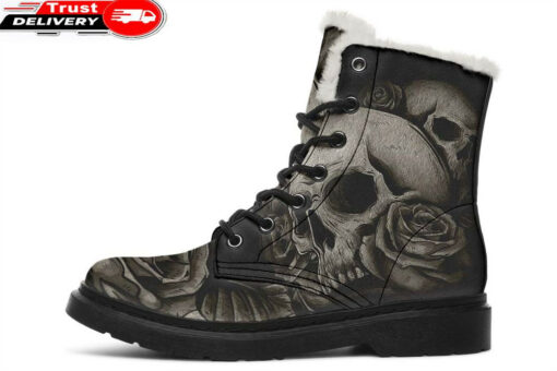 tattoo skull and rose faux fur leather boots