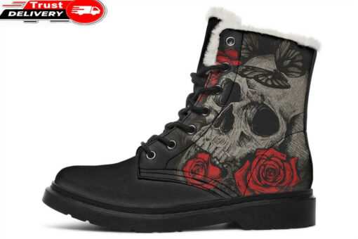 tattoo skull faux fur leather boots