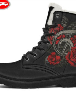 tattoo treble key faux fur leather boots