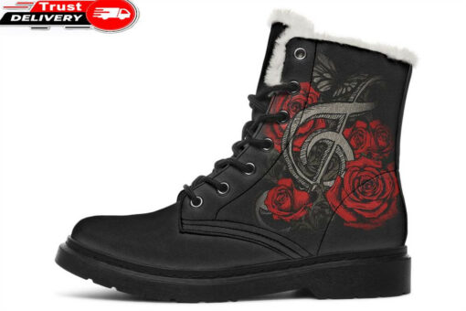 tattoo treble key faux fur leather boots