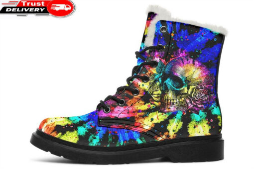 tie dye skull and rose faux fur leather boots