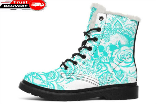 turquoise skull art faux fur leather boots