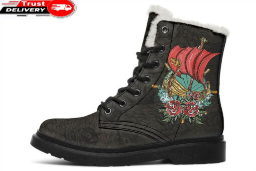 viking ship faux fur leather boots 1