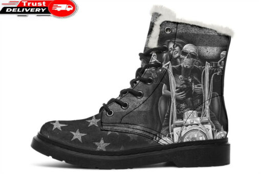 vintage flag chopper skull faux fur leather boots 1