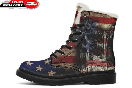 vintage flag color chopper skull faux fur leather boots 1