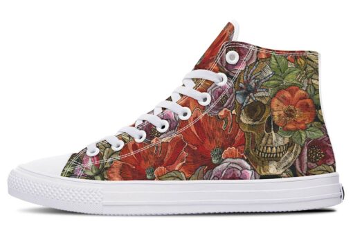 white skull and flowers high top canvas shoes